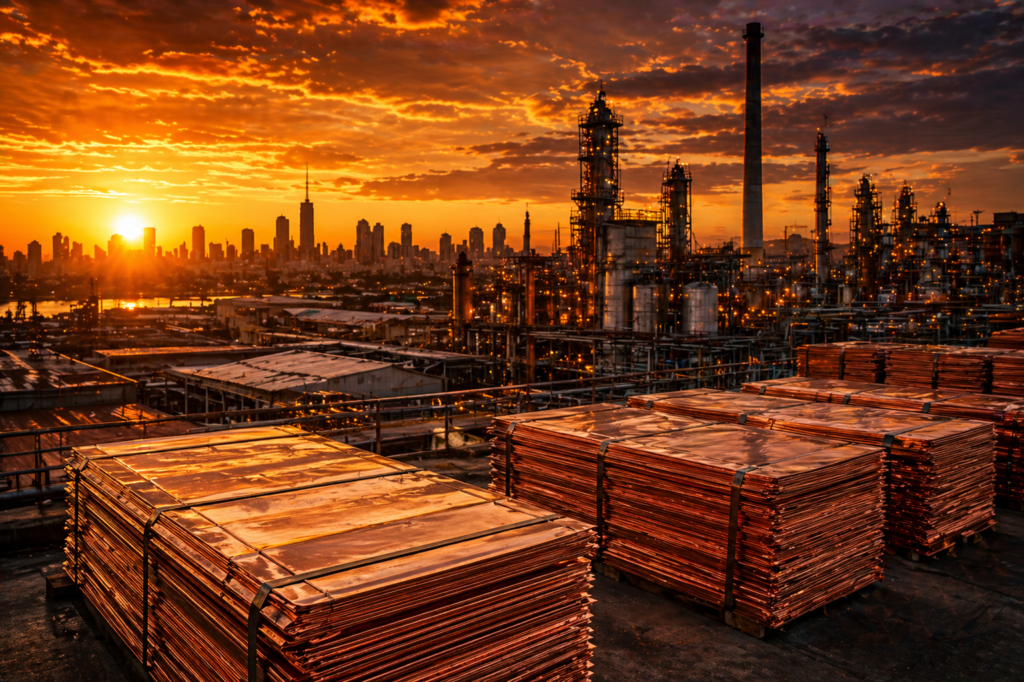 Copper refinery at golden hour with refined copper cathode plates and African city skyline